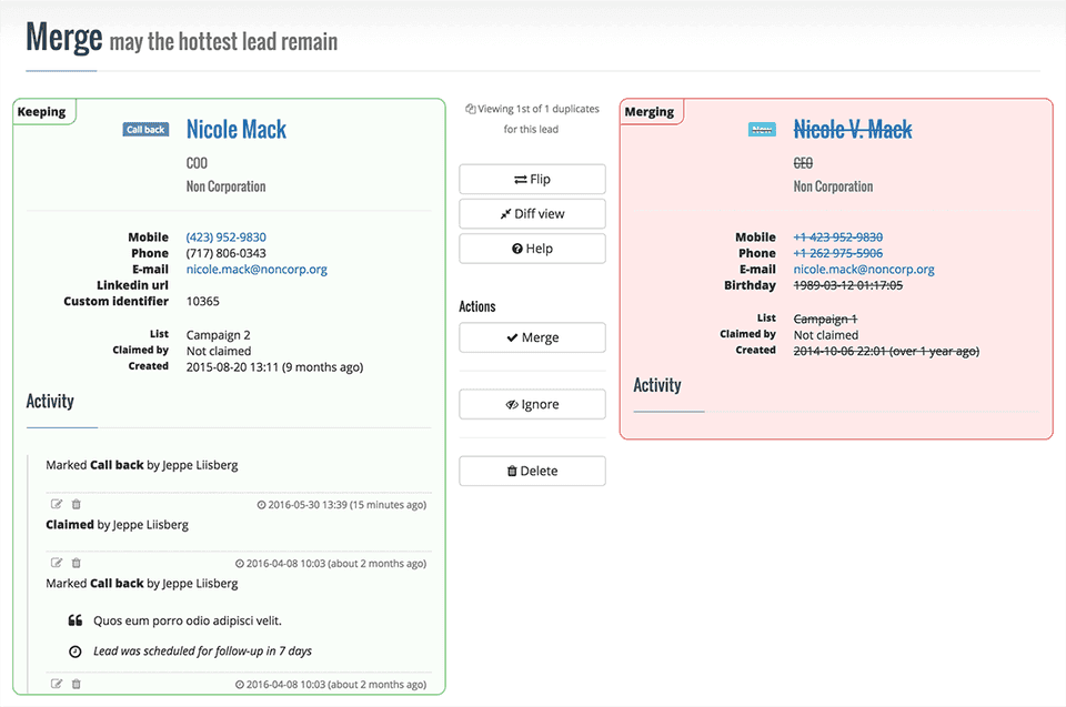 The detailed merge view lets you easily compare and merge two leads