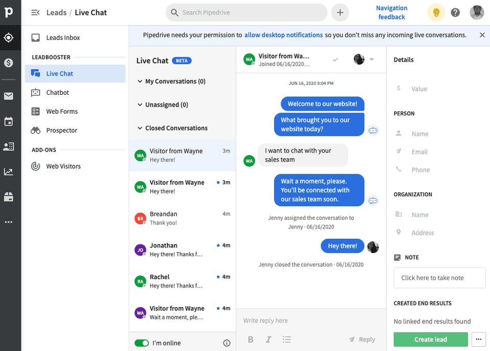 Chat dal vivo di Pipedrive