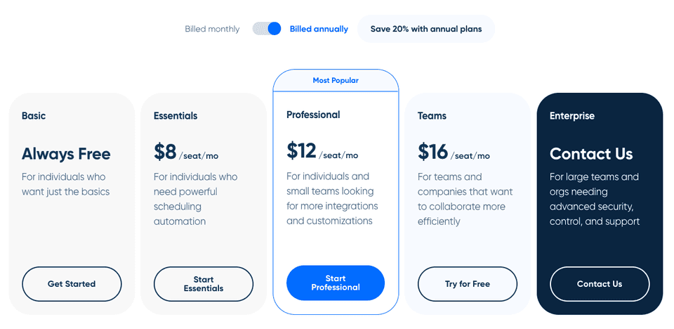 Tabla de precios de Calendly