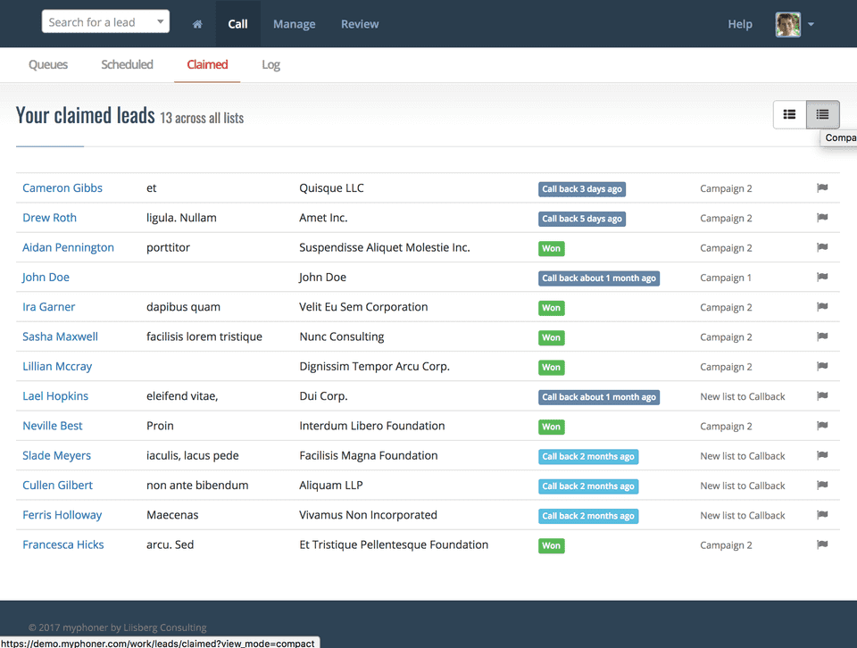 Compact view of leads in Myphoner