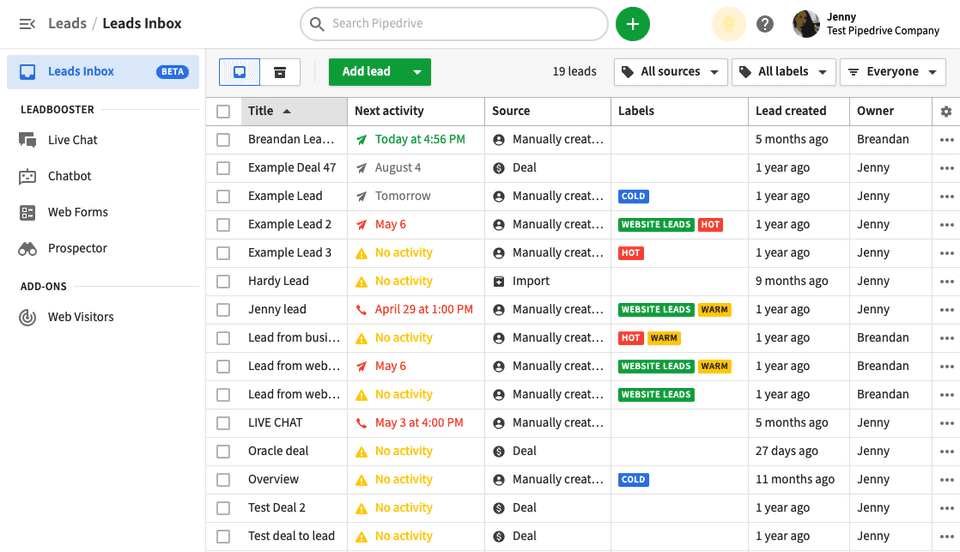 Caixa de entrada de leads do Pipedrive