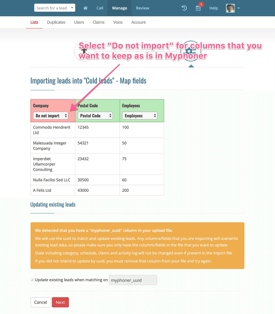 Map the data to update when importing.