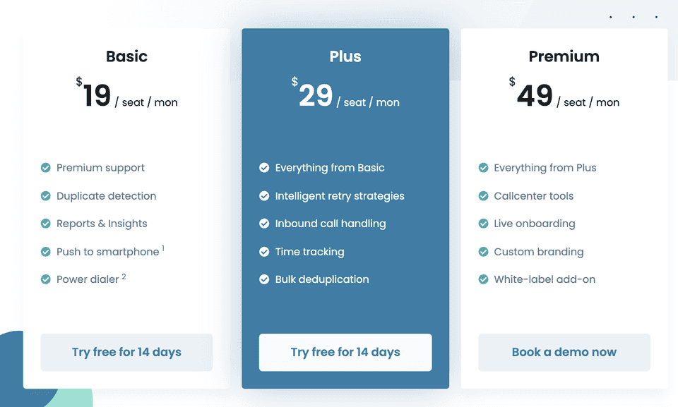 Snapshot of the Myphoner pricing table
