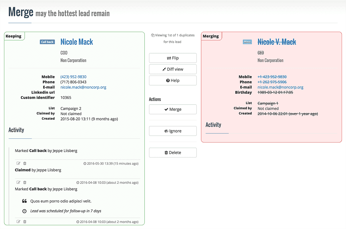 The detailed merge view lets you easily compare and merge two leads