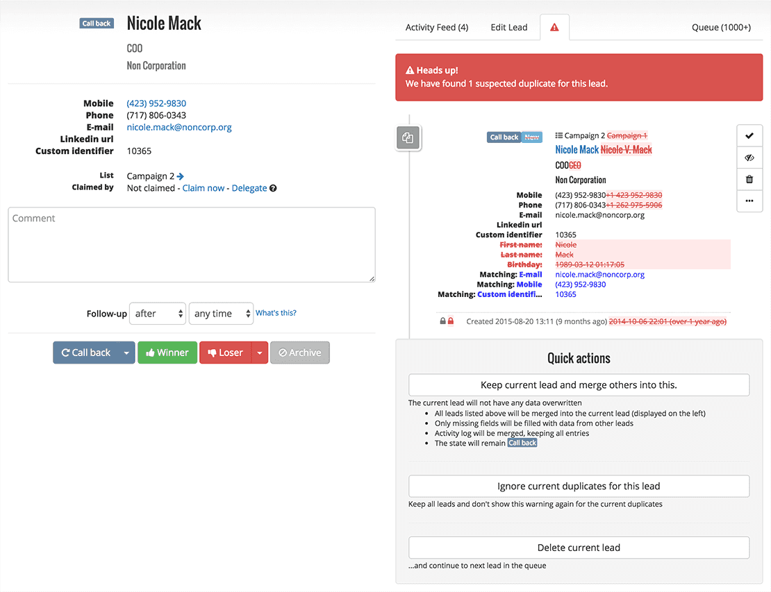 Handling duplicate leads when working your queue