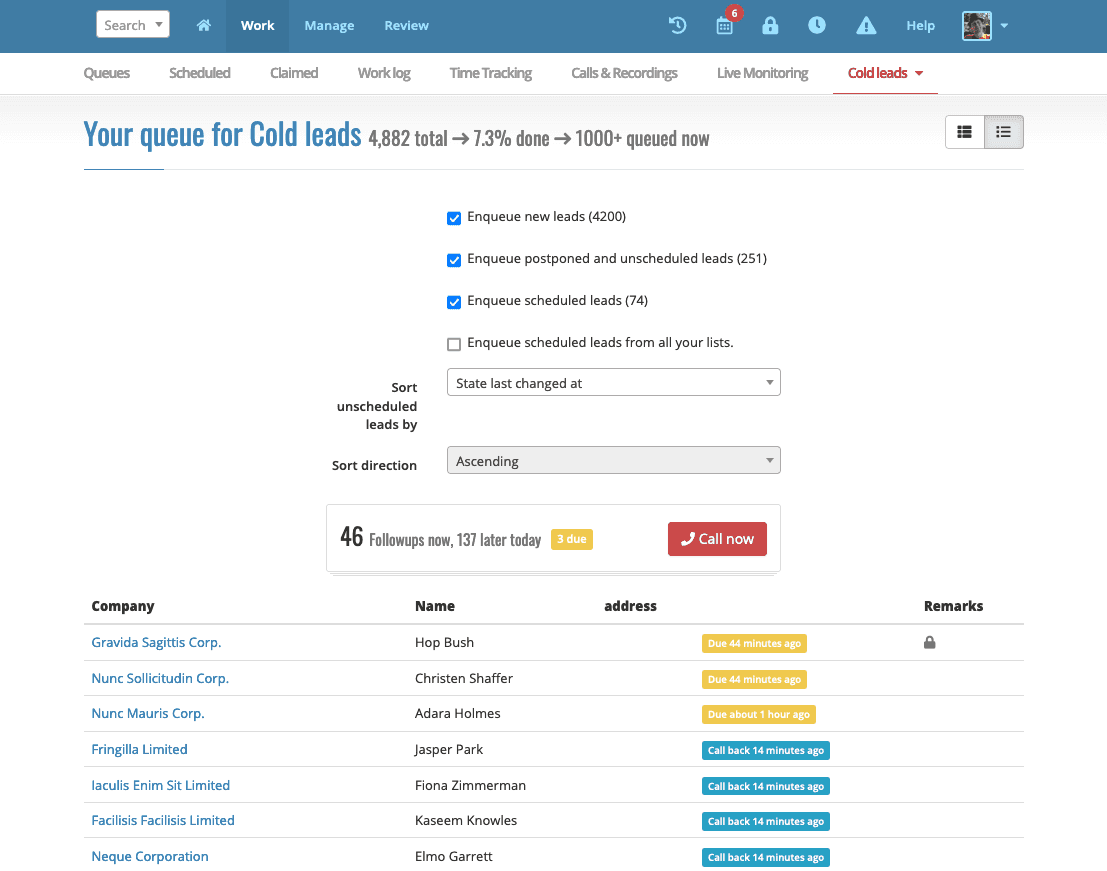 Viewing your personal, prioritised queue of leads to call