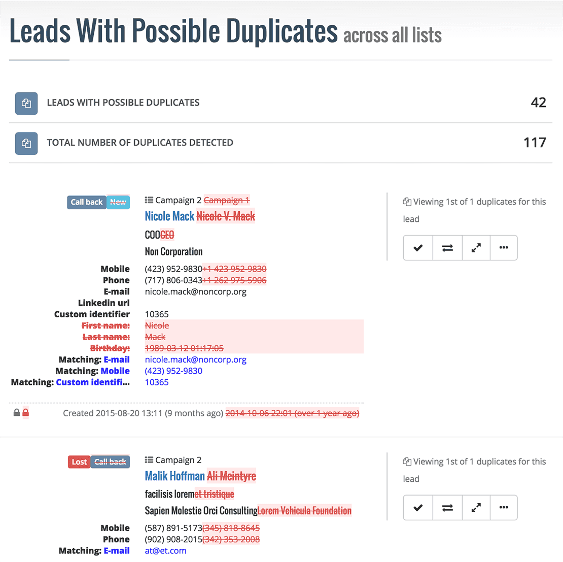 Example of a duplicate report in Myphoner